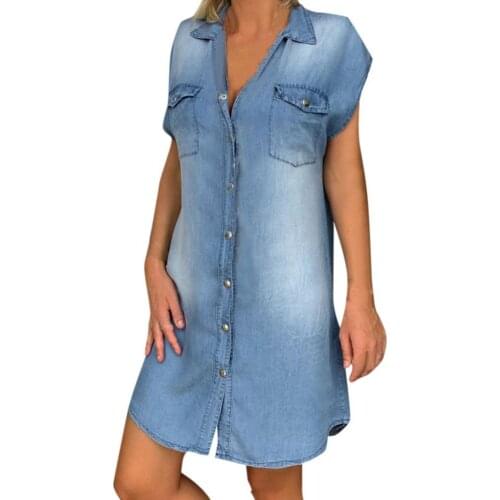 Hot Fashion Women Turn Down Collar Single-breasted Pockets Knee-length Denim Dress Elegant Party Summer Dresses For Women 2021