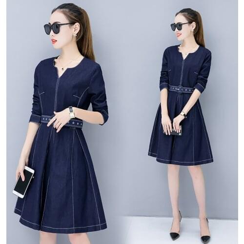 New Spring Autumn Women Dresses Plus Size Fashion V-Neck Solid Sashes Slim Long Sleeve Jeans Dress For Women Denim One-Piece