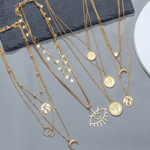 New Bohemian Multilayer Gold Color Moon Portrait Pendant Necklaces For Women Choker Necklaces 2021 Trend Fashion Jewelry Party