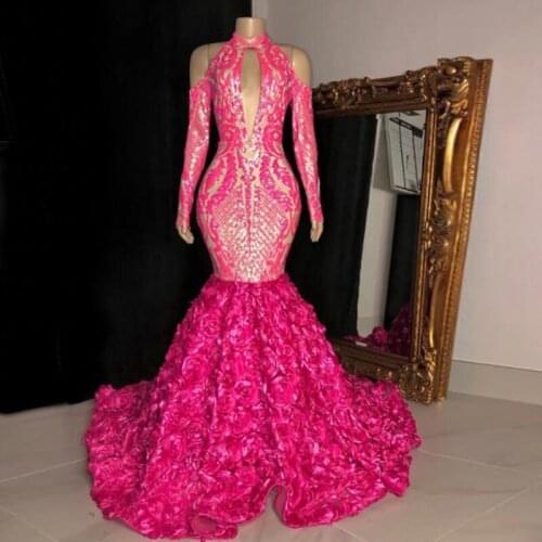 Fushcia Mermaid Prom Dresses South African High Neck Off The Shoulder Long Sleeves Lace Appliques Flower Train Evening Gowns