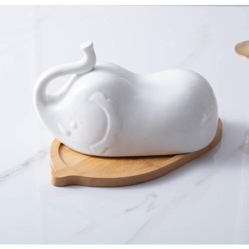 2020 White Elephant Butter Dish with Lid,Bamboo Bottom,Fruit Plate,Butter Box,Ceramic Butter Plate,3d Cow Cheese Storage Tray