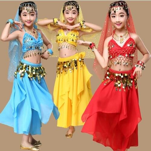 5 colors 4-5-6pcs girls Belly Dance Costume kids Indian Dancing Performance red/rose/yellow/purple/sky blue Clothing Stage skirt