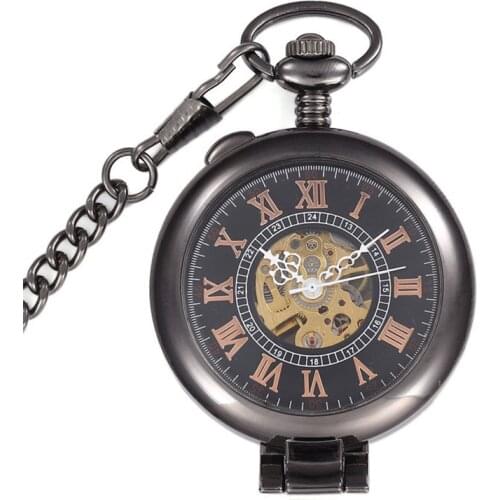 Retro Black Skeleton Automatic Mechanical Pocket Watch Mens Watch Vintage Hand Wind Clock Necklace Multifunction Transparent