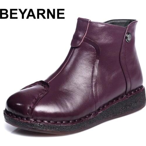 BEYARNE 2020Autumn Genuine Leather Woman Winter Boots Shoes Women Handmade Plush Slip On Ankle Boots For Women Low Heel Zip