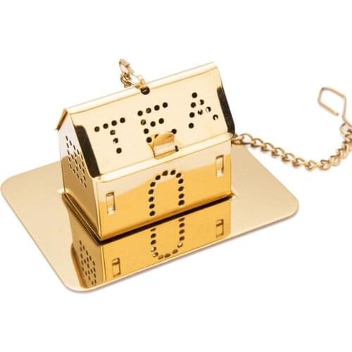 50pcs House Shaped Tea Infuser Stainless Steel Tea Filter for Loose Leaf Tea Bag Strainers with Drip Tray Color Golden
