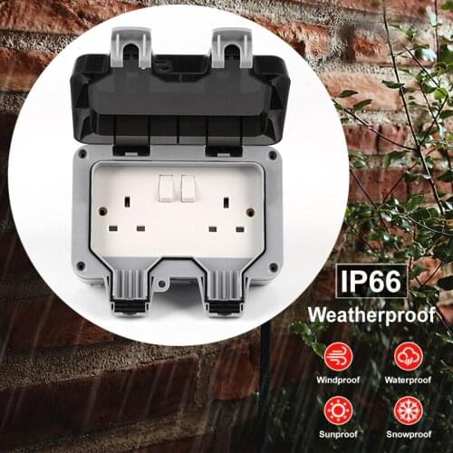 Double Socket Waterproof Outdoor 13A UK Double Socket Switched Socket Double IP66 Outside Use Wall Power Socket Box