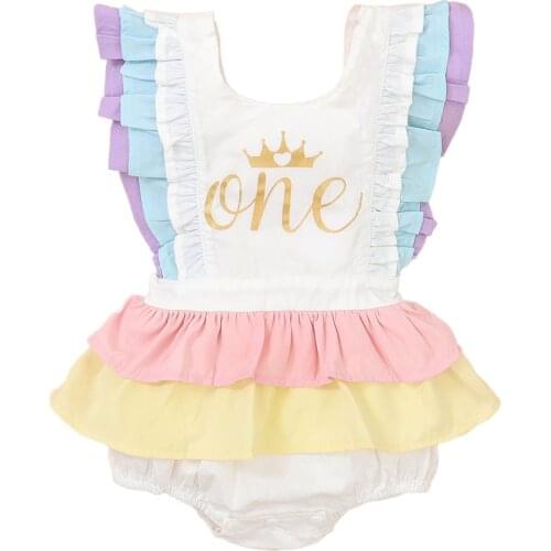 FOCUSNORM 0-18M Newborn Baby Girls One Birthday Bodysuits Ruffles Short Sleeve Rainbow Print Jumpsuits