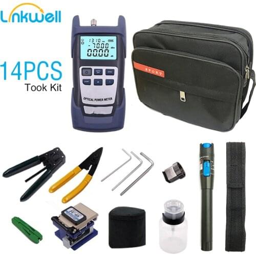 FTTH Fiber Optic Tool Kit 14pcs FC-6S Fiber Cleaver -70~+10dBm Optical Power Meter 5/10/20/30km Laser Pen Visual Fault Locator