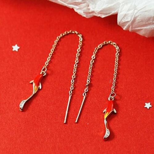 KOFSAC Creative Women Earrings Fish Carp Red Tassel Anniversary Jewelry 925 Sterling Silver Earring Cute Lucky Girl New Gifts