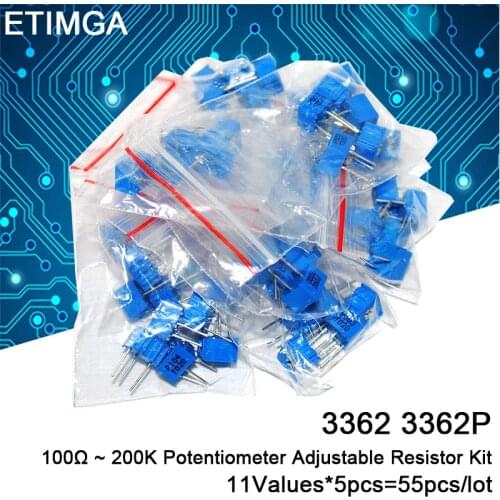 55pcs/lot 3362 3362P Potentiometer Adjustable Resistor Kit 100Ω ~ 200K 11values x 5pcs