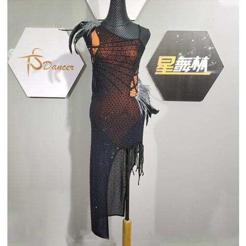 New Feather Latin Dance Dress Sexy Perspective Mesh Rhinestone Dress Fringed Competition Clothing Stage Costume Prom Wear BL6929