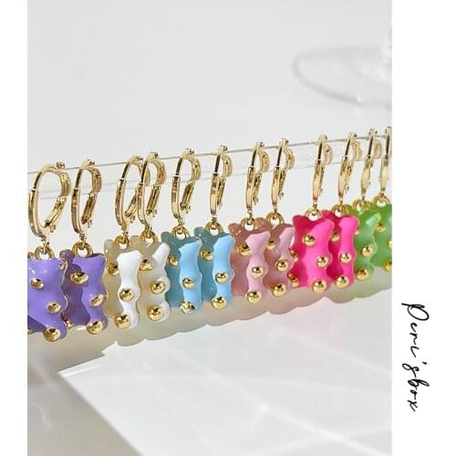 PerisBox Candy Color Bear Charm Hoop Earrings For Women Cute Color Enamel Bear Pendant Huggie Hoop Earring Girl Gift