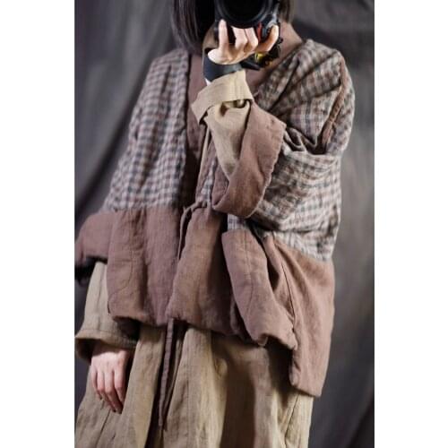 Women Linen Plaid Patchwork Parkas Padded Coat Female Spliced Short Coat Female Spring Autumn Flax Parkas
