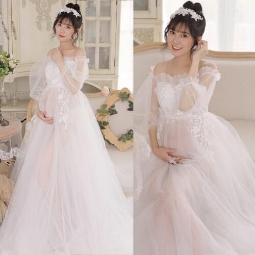 Kingbuy Pregnancy Dress Photo Shoot White Luxury Floral Voile Maternity Dresses Elegant Photography Props Clothes