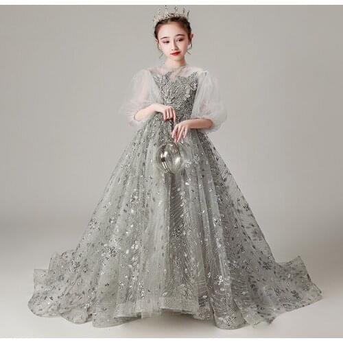 Flower Girl Dresses Illusion Princess O-Neck Appliques Embroidery Crystal Sequined Ball Gown Floor-Length Kids Party Skirt H028