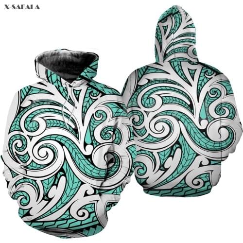 Polynesia Maori Ethnic Ornament Turquoise 3D Over Printed Hoodie Man Women Unisex Outwear Zipper Pullover Sweatshirt Casual