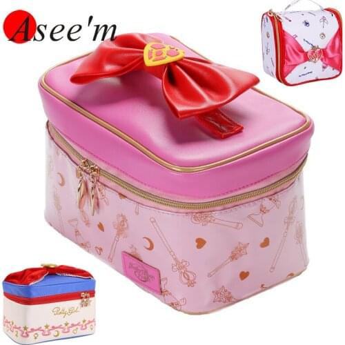 PU Sailor Moon Bow Sweet Pretty Girl Letters Cosmetic Storage Bag Waterpoof Bathroom Case Women Travel Toiletry Wash Bag
