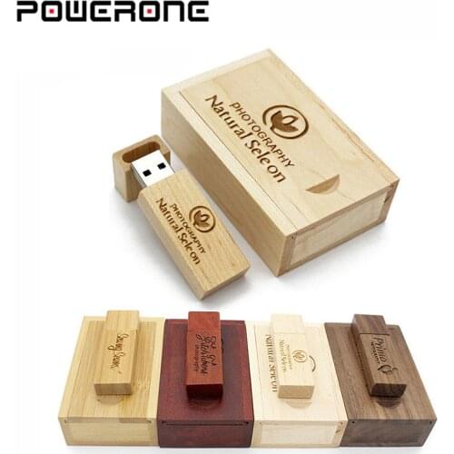 POWERONE (over 10 PCS free LOGO) Wooden USB + box USB Flash Drive maple wood pendrive 64GB 8GB 16GB 32GB Pen Drive Memory Stick