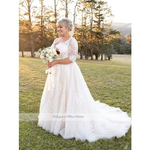 Plus Size Wedding Dress Half Sleeves Lace Appliques Tulle A Line Bohemian Boho Bridal Gowns Garden Country Bride Dress