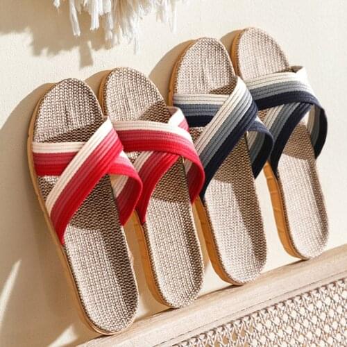 Women Indoor House Slippers Summer Linen Silent Sweat Absorption Slides Flip Flops Female Flax Belt Bedroom Home Casual Shoes