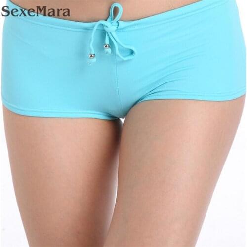 High waisted swim shorts women 2019 summer Cute girls swim briefs adjustable waist tie solid sky blue swimwear panty plus size