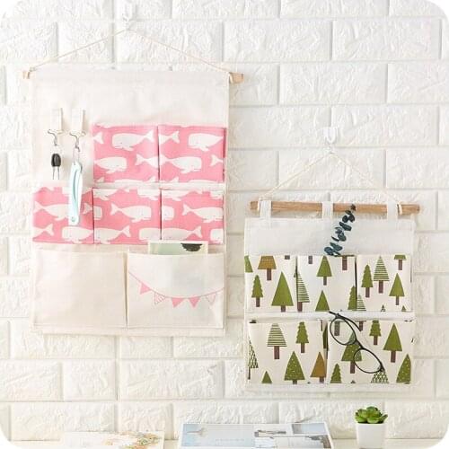 Cute Cartoon Cotton Linen Hanging Storage Bag 5-7 Pockets Wall Mounted Wardrobe Hang Bag Wall Cosmetic Toys Organizer