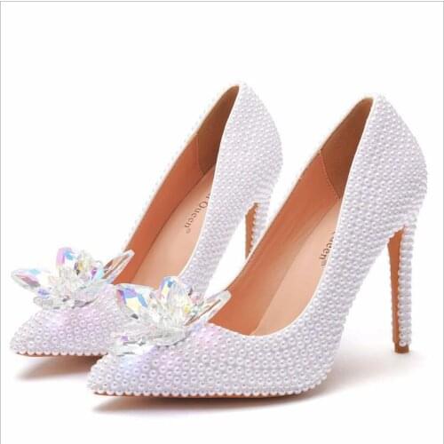 Luxury white rhinestone pearl wedding shoes women high heels 11 cm shallow mouth pointed bridal shoes women shoes