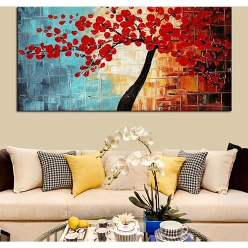 Heavy Textured Palette Knife Oil Paintings Cherry Tree Red Flower Canvas Art for Living Room Wall Decoration Pictures Unframed