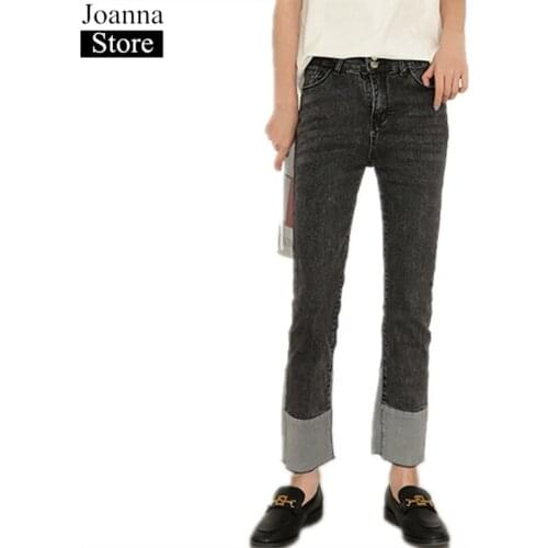 Spring New Splice Denim Nine-Points Long Pants Women High Waist Slim Elastic Force Jeans Ladies Plus Size Casual Wild Trousers