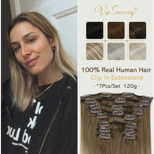 VeSunny Double Weft Clip in Hair Extensions Real Human Hair 7pcs Clip on Hair 120gr Balayage Brown mix Caramel Blonde #4/27/4