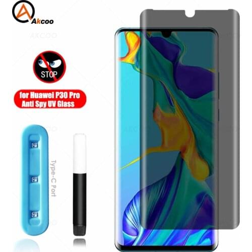 Akcoo P30 Pro Screen Protector UV Privacy Tempered Glass for Huawei P30 Pro anti spy film 9H hardness full screen glue glass