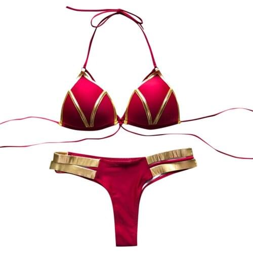 Women Lace Up Bikini Set Hot Stamp Sport Swimwear Push-Up Padded Swimsuit Bronzing Stitching Banded Bikini Split Z0325