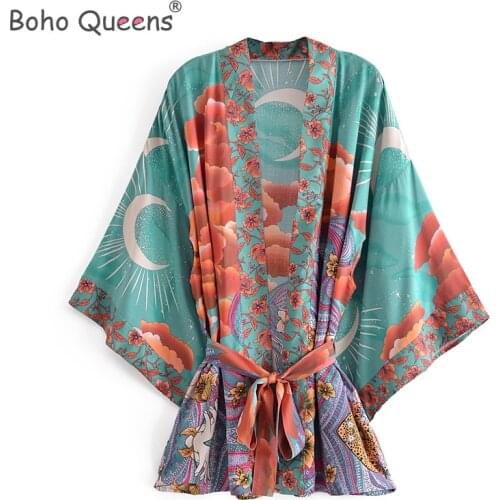 Boho Queens women floral print bat sleeve beach Bohemian kimono dresses Ladies V neck rayon cotton short robe Kimono