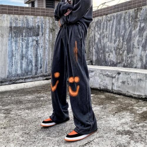 Gray Smile Trousers Teens Autumn Men High Street Loose Sweatpants Hip Hop Streetwear Pants Harajuku Japan Funny Punk Pants Boys
