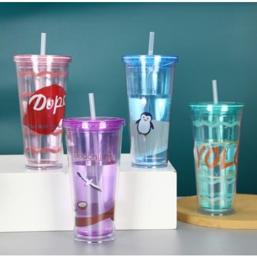600/650 ML Drink Cups With Straws Double-layer Transparent Large-capacity Straw Cup Water Bottle For Student Desk Juice Cup