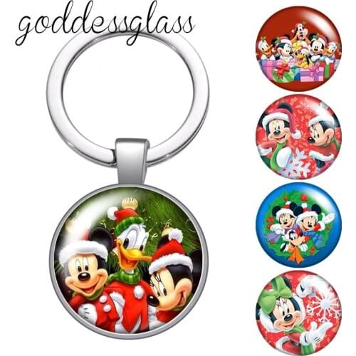 Disney Christmas Mickey Minnie Donald Princess Photo glass cabochon keychain Bag Car key chain Ring Holder Charms keychains gift