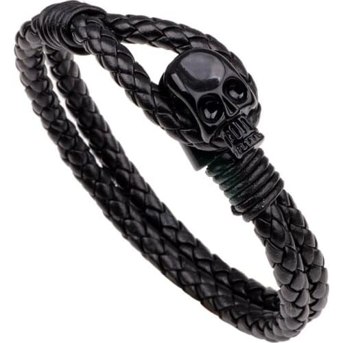 JANEYACY HOT Double Layer Skull Bracelet Leather Bracelet Mens Bracelet & Black Fashion Bracelet Womens Wristband Jewelry
