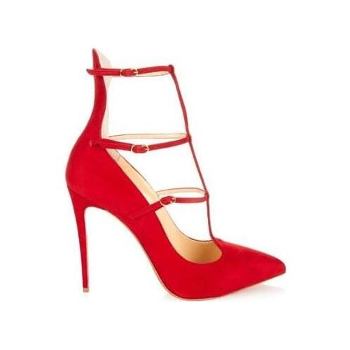 Moraima Snc Red Suede High Heel Shoes Pointed Toe T-strap Gladiator Pumps Buckle Strap Party Dress Shoe Stiletto Heels