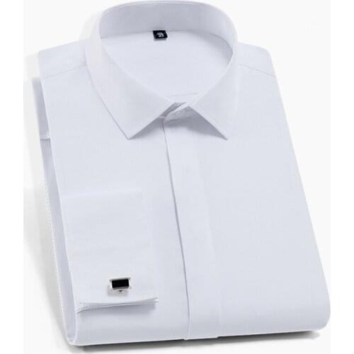 Quality French Cufflinks covered button turndown collar long sleeve solid plain business men slim fit non-iron dress shirts