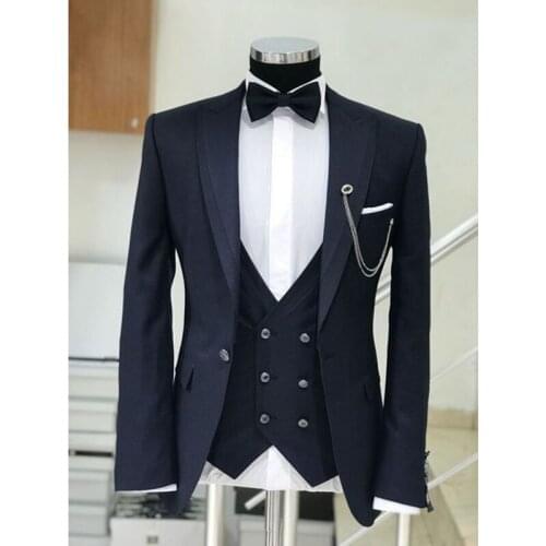 Costume Homme 3 Pieces Navy Blue Peak Lapel Mens Suit Slim Fit One Button Business Wedding Groom Wear Blazer（Jacket+Vest+Pants