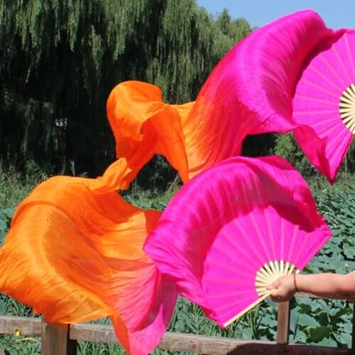 New Arrival 1pair 180cm Length Belly Dancing 100% real Silk Fans Veils Pink/Orange mixed china real Silk Fans high quality S/M/L