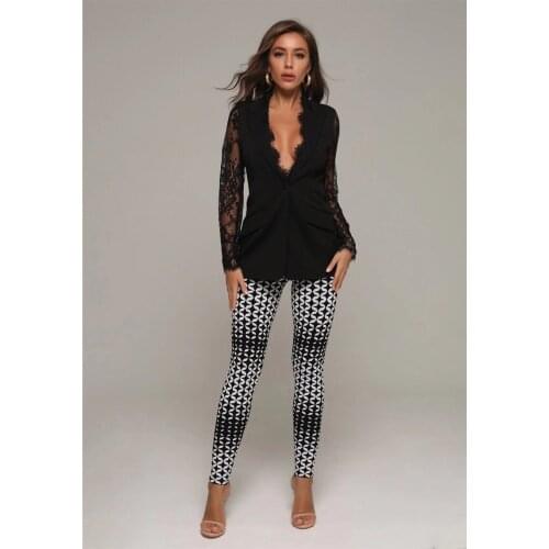 2020 New Style High Quality 2 Pieces V-Neck Lace Sleeve Pencil Pants Rayon Sexy Jacquard Bandage pants Women Sets Womens Suits