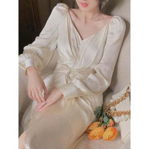 2021 Autumn Elegant Party Midi Dress Women Long Sleeve V-Neck Office Lady One Piece Dress Korea Vintage Design Pure Color Dress