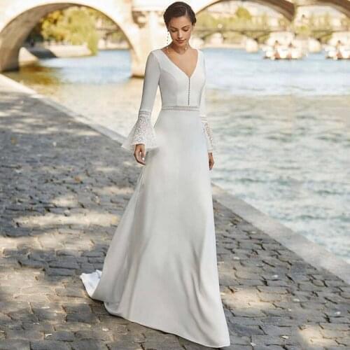 Eightree Simple Cheap Wedding Dresses 2021 Flare Long Sleeve Bride Dress Women Backless Wedding Gowns V Neck Abito Da Sposa