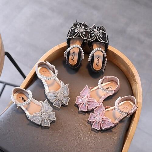Girls sandals spring summer female baby bow fashion princess shoes girls sequins rhinestone dance performance shoes size 26-35