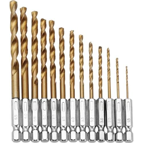 13pcs/set HSS Titanium Coated Drill Bits High Speed Steel Drill Bit Set 1/4 Hex Shank Power Drilling Tool For Wood 1.5-6.5mm