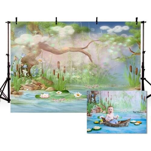 Vinyl Photography Backgrounds Tree River Lotus Firefly Children Wonderland Spring Season Decor Backdrop for Photo Studio
