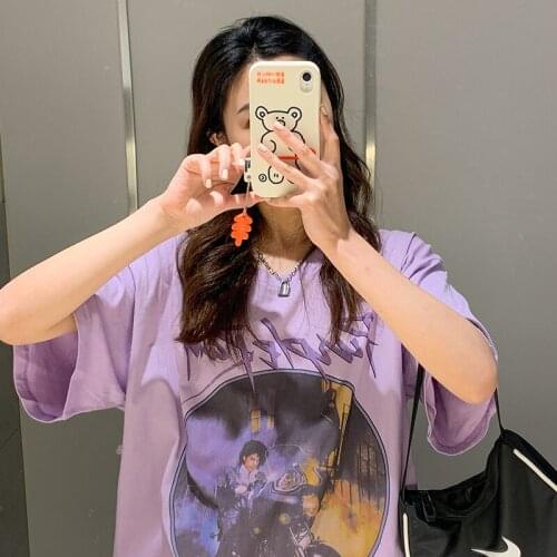 Harajuku Vintage Graphic Female O-Neck Tees Purple Letter Chic Printed Tops Ulzzang Summer Cotton Loose Casual Women T-Shirt
