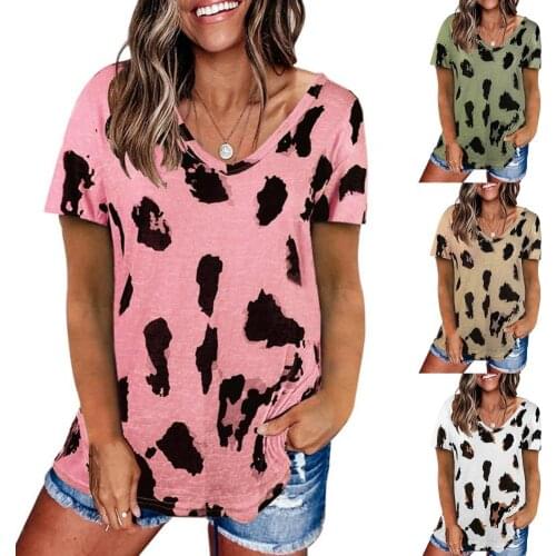 Women T-shirt Summer Leopard V Neck Cotton Blend Short Sleeve Blouse Loose Top Tees Female Casual Elastic Basic Tshirt Plus Size