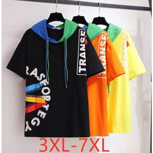 New 2021 summer plus size tops for women hoodie large loose short sleeve print cotton T-shirt black yellow 3XL 4XL 5XL 6XL 7XL